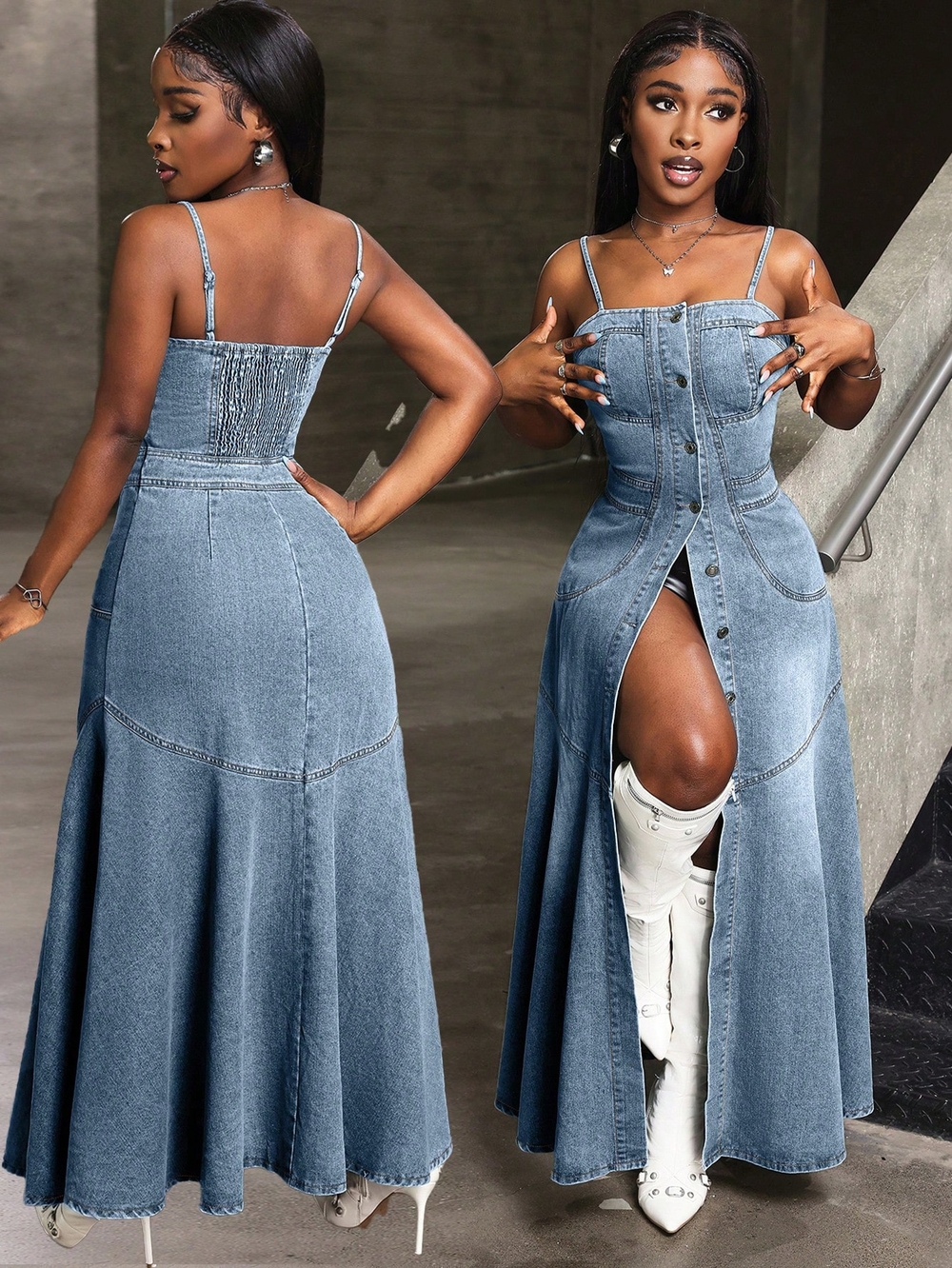 Denim Button-Front Maxi Jeans Dress - Blue